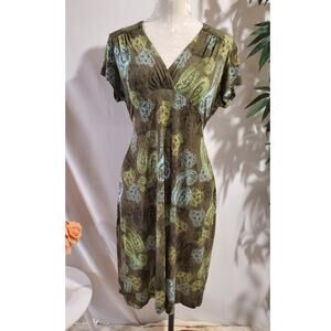 Vtg Y2K Axcess Paisley Babydoll V-Neck Tieback Dress Size L Hippie Boho Stretch